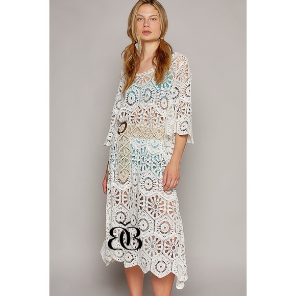 POL Off White Crochet Half Sleeve Flared Midi Dress - Picture 3 of 8